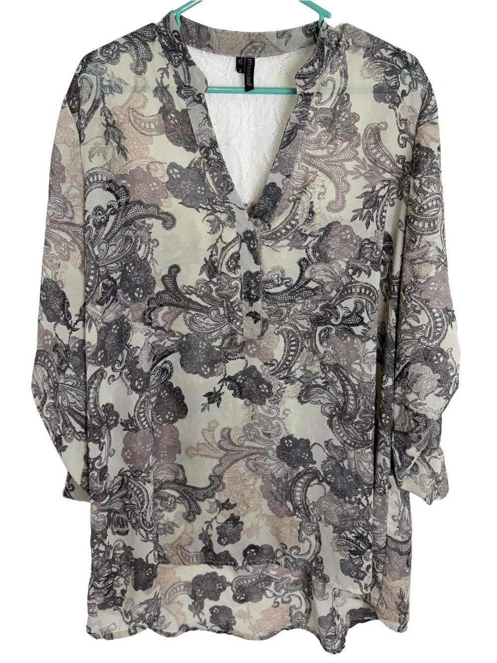 3/$20 Maurices Floral Roll Tab Sleeve V-Neck Sheer Tunic Size 2X